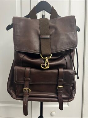 Coach Dark Brown Leather Buckle Backpack with Brass Hardware